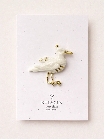 Брошь ручной работы Фарфор Булыгина «Чайка», бело-золотистая, фото 1.