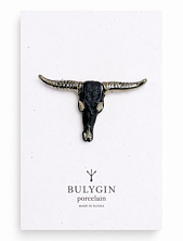 Брошь ручной работы Bulygin «Бык», фарфор, чёрно-серебристая