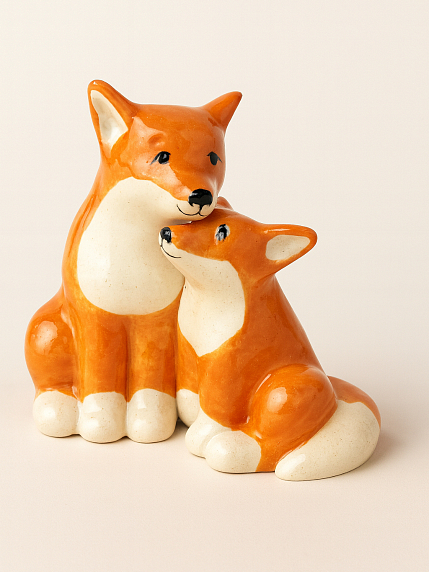 Статуэтка керамическая ручной работы «Лиса с лисенком», рыжий, фото 1.