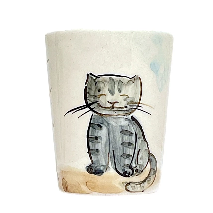 Шот ручной работы НАДО ЖЕ с росписью Серый котик с клубочком, керамика, белый, 100 мл, фото 1.
