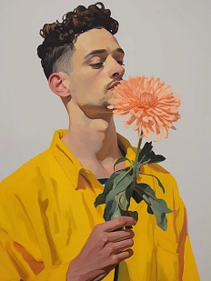 Постер интерьерный DARI DARI «Молодой мужчина в желтой рубашке с цветком», А2