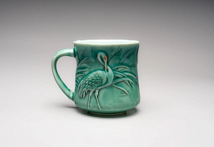 Кружка ручной работы Керамика Александры Пылиной «Журавли», зеленая, фарфор, 390 мл, фото 2.