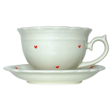 Чайная пара ручной работы Slowday Ceramics в красные сердечки «Винтаж», полуфарфор, 250 мл, фото 5.