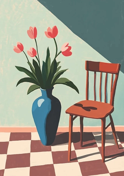 Постер интерьерный DARI DARI «Ваза с тюльпанами и стул», А4, фото 1.