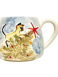 Кружка ручной работы Котик на ёлке, керамика, 300 мл