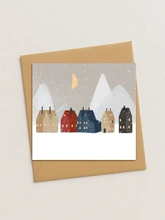 Квадратная зимняя сканди открытка «Домики и горы»