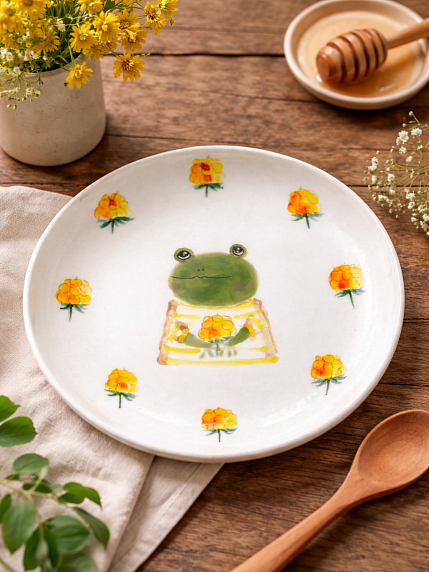 Тарелка ручной работы с бортиком Лягушка с жёлтыми ягодками, белая, фарфор, 16 см, фото 2.