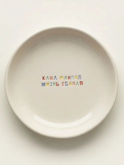 Тарелка ручной работы Катя Гиена «Каша манная/Жизнь е**ная», керамика, 15 см, фото 1.