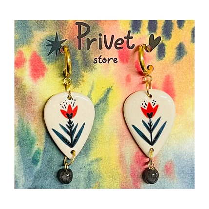 Серьги-конго ручной работы Звер с бусиной «Тюльпаны», керамика, фото 1.