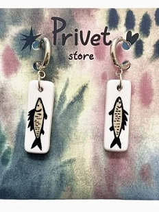 Серьги-конго ручной работы Звер «Рыба», белый, керамика