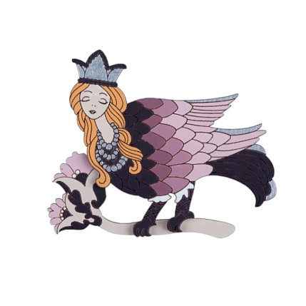 Брошь ручной работы ОКподолинс «Птица Гамаюн», розовая, дерево, фото 1.