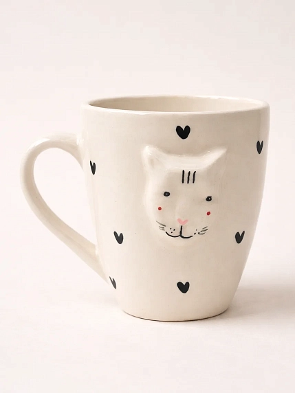 Кружка ручной работы Мария Гордеева Котик с сердечками, белая, керамика, 350 мл, фото 1.
