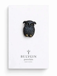 Брошь ручной работы Фарфор Булыгина «Сова», чёрно-золотистая