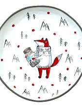 Тарелка ручной работы с бортиком Лис в горах с банкой, белая, 13 см