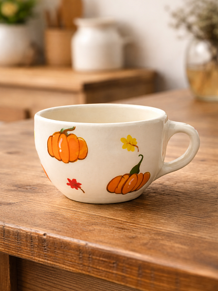 Кружка ручной работы «Тыквы и листья», керамика, 300 мл, фото 1.