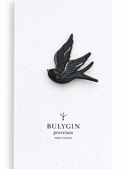 Брошь ручной работы Bulygin «Ласточка», фарфор, чёрно-серебристая, фото 1.