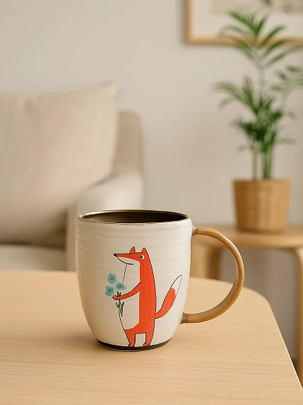 Кружка ручной работы Ким керамика с росписью Лис с цветами, керамика, 450 мл, фото 1.