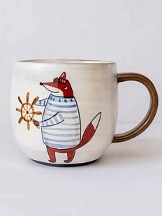 Кружка ручной работы Ким керамика с росписью Лис моряк, керамика, 350 мл