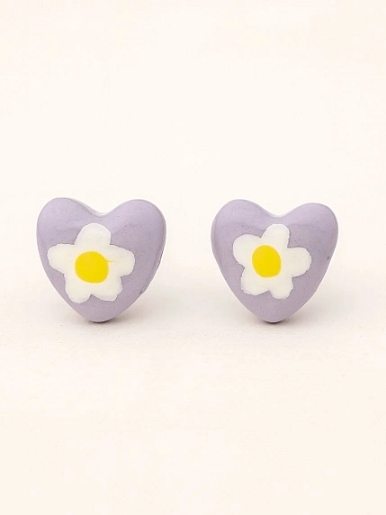 Серёжки-гвоздики Радость Рядом «Сердечки с цветочками», полимерная глина, сиреневые, фото 1.