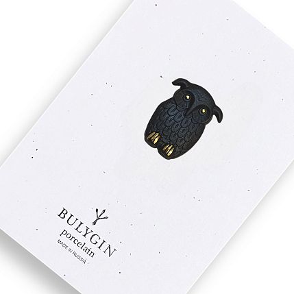 Брошь ручной работы Bulygin «Сова», фарфор, чёрно-золотистая, фото 1.