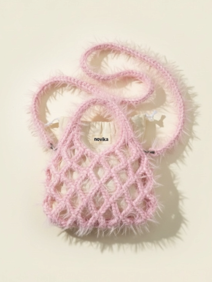 Авоська вязаная ручной работы, розовая пушистая, фото 3.