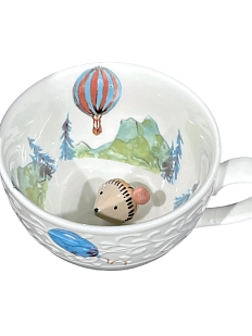 Чашка для чая ручной работы Мадам де Тюль с фигуркой внутри Ёжик, бело-зеленая, фарфор, 250 мл