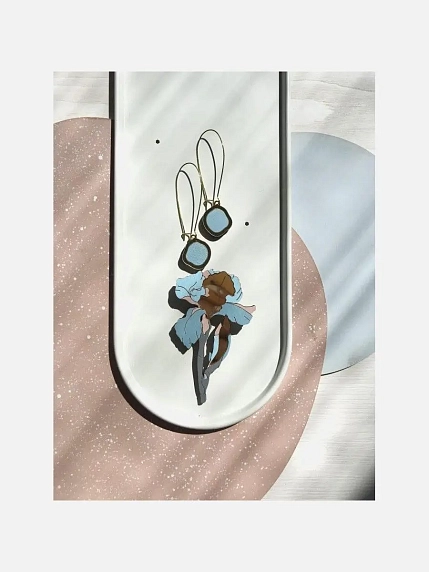 Набор украшений ручной работы брошь «Ирис» и серьги «Озёра», голубой, дерево, фото 4.