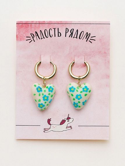 Серьги-конго «Сердечки с цветочками», полимерная глина, фото 2.