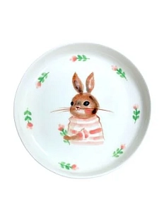Тарелка ручной работы Ким керамика с бортиком Зайка с розовыми цветочками, белая, фарфор, 13 см