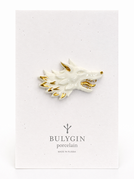 Брошь ручной работы Bulygin «Волк», фарфор, бело-золотистая, фото 1.