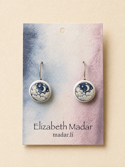 Серёжки-гвоздики Elizabeth Madar Луна, керамика, синие, фото 1.