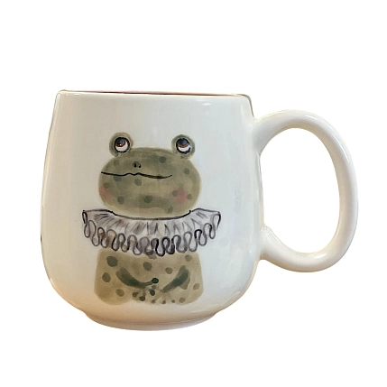 Кружка ручной работы Ким керамика с росписью Лягушка в жабо с коричневыми сердечками, фарфор, 350 мл, фото 1.