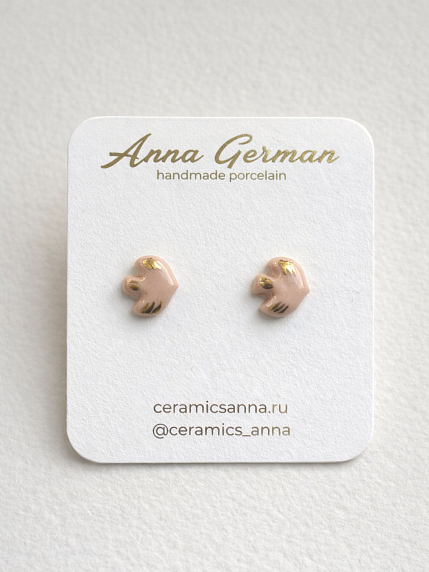 Серёжки-гвоздики «Птицы», фарфор, розово-золотистые, фото 1.