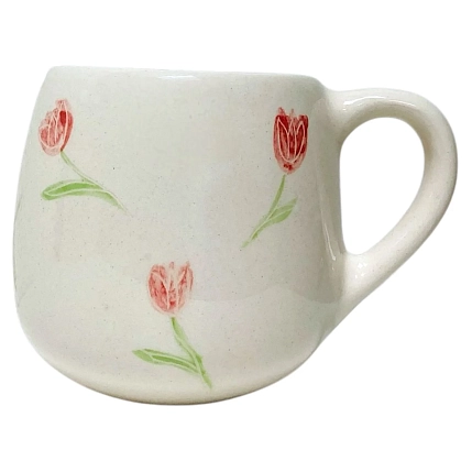 Кружка ручной работы Катя Вебер с тюльпанами, белая, полуфарфор, 350 мл, круглая, фото 1.