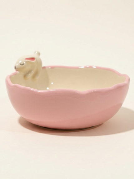 Глубокая тарелка ручной работы «Кролик», розовая, керамика, 15 см, фото 3.