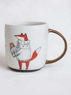 Кружка ручной работы Ким керамика с росписью Лис в горах с банкой, керамика, 450 мл