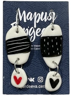 Серьги Мария Гордеева асимметричные составные с сердечками, керамика