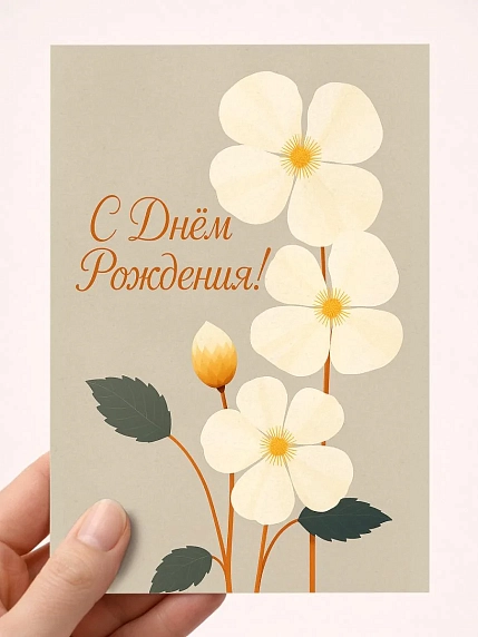 Открытка DARI DARI с белыми цветами «С Днём рождения!», бежевая, фото 1.
