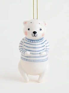 Ёлочная игрушка Ким керамика «Медведь в полосатом свитере», 12 см, фарфор