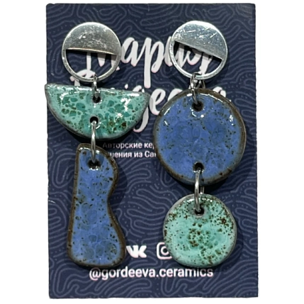 Серьги Мария Гордеева асимметричные составные, керамика, синие с голубым, фото 1.
