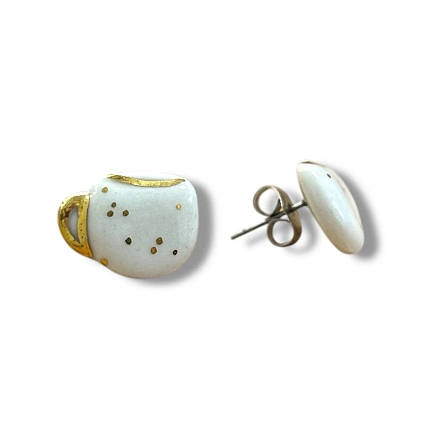 Серёжки-гвоздики Анна Герман «Кружечки в точку», фарфор, бело-золотистые, фото 2.