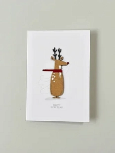 Открытка ВОЕ с деревянными элементами «Happy New Year c оленем», открывающаяся