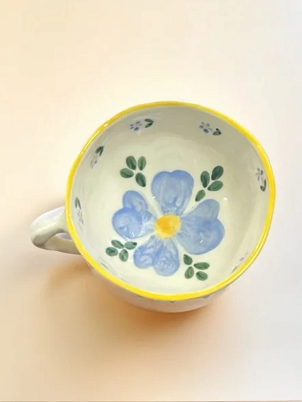 Кружка Быкова керамика с шипами и синими цветами, бело-жёлтая, керамика, 200 мл, фото 2.