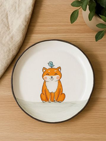 Тарелка ручной работы Ким керамика с бортиком Сиба-ину с птичкой, белая, 17 см, фото 4.