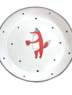 Тарелка ручной работы с бортиком Лис в горах с птичкой, белая, 17 см