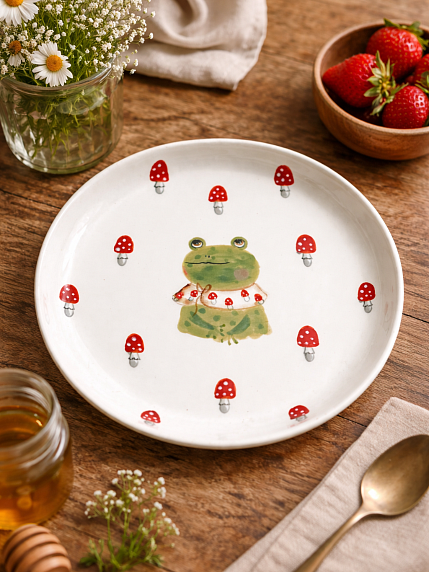 Тарелка ручной работы с бортиком Лягушка с мухоморами, белая, фарфор, 19 см, фото 2.