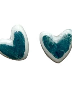 Серёжки-гвоздики Мария Гордеева Сердечки, керамика, бело-бирюзовые