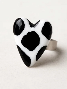 Кольцо Радость Рядом ручной работы с принтом «Сердце», чёрно-белое, незамкнутое, полимерная глина