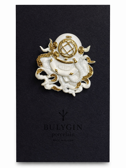 Брошь ручной работы Bulygin «Осьминог», фарфор, бело-золотистая, фото 1.