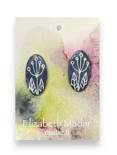 Серёжки-гвоздики Elizabeth Madar с цветочным орнаментом, овальные, керамика, тёмно-серые